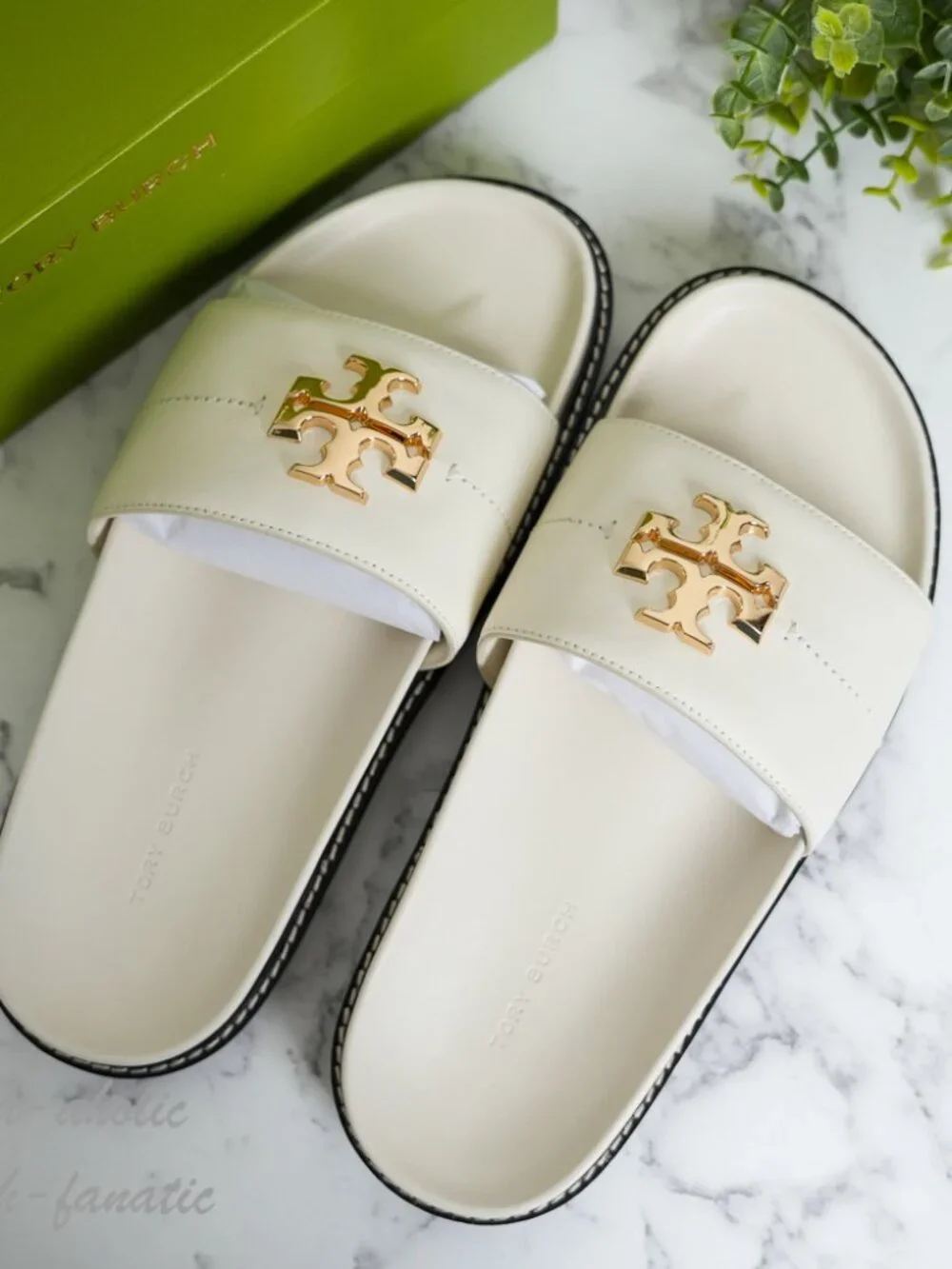 NIB Tory Burch Everly Anatomic Lug Nappa Leather Slide Sandal in Ivory/Black
